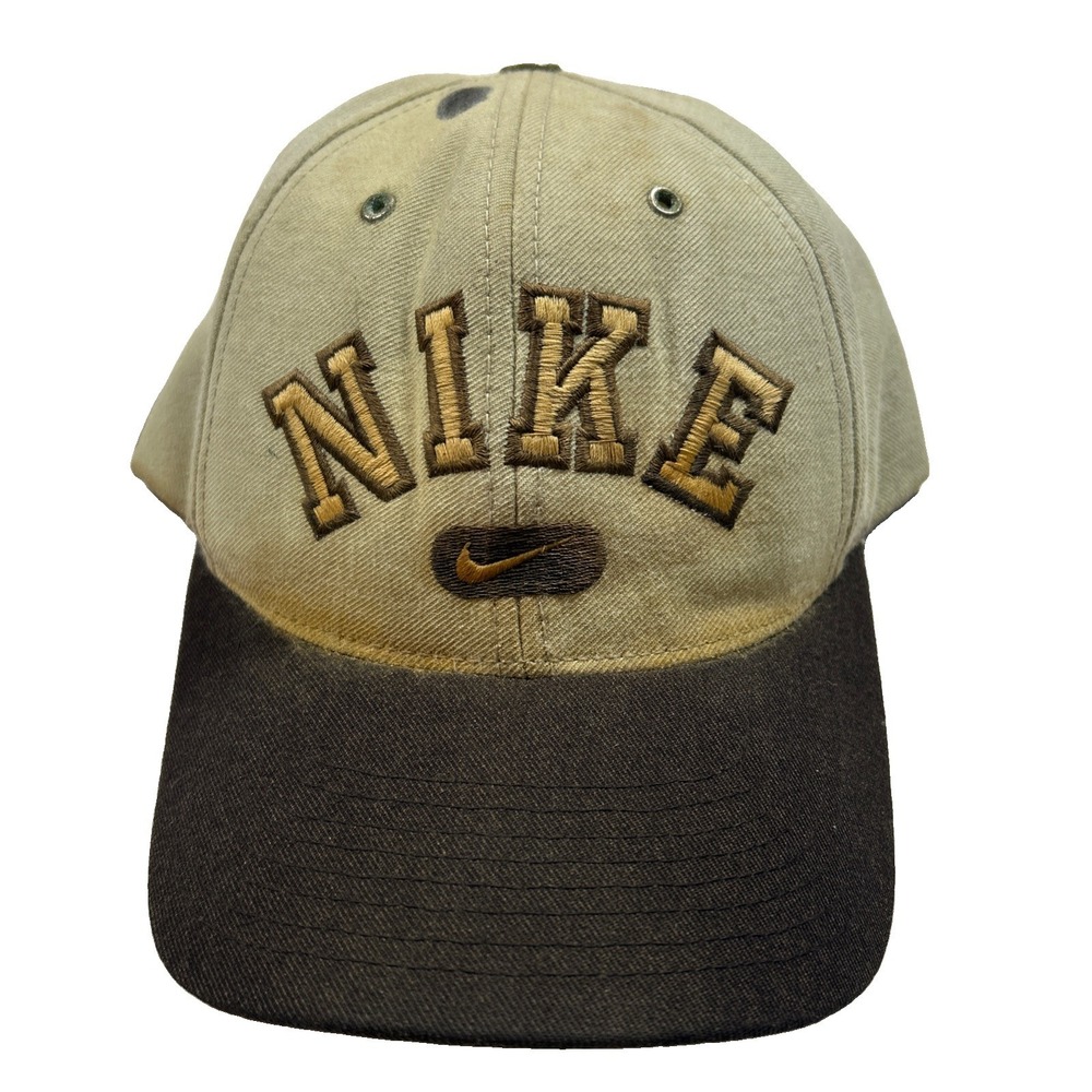 Vintage 90s Nike Arch Spellout Swoosh Hat Snapback Wool Olive Cream H60306WDI